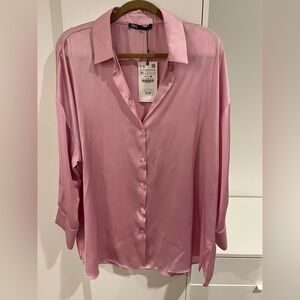 Zara Blush Pink Satin Button Down Blouse, XL NWT